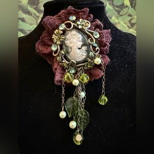 Elegant Green and Purple Cameo Brooch